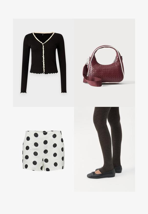 Cardigan noir à côtes avec des manches longues, des bords festonnés et une bordure crème le long du col et de la patte de boutonnage. Comprend des boutons sur le devant.; Short blanc taille haute avec grands pois noirs, détails de couture devant et fermeture éclair invisible.; Jambes portant des leggings côtelés foncés associés à des ballerines noires avec de petits détails en nœud sur fond blanc.; Sac à main en cuir tressé marron foncé avec poignée courbée, garniture blanche, fermeture éclair argentée et bandoulière large en tissu amovible sur fond uni.