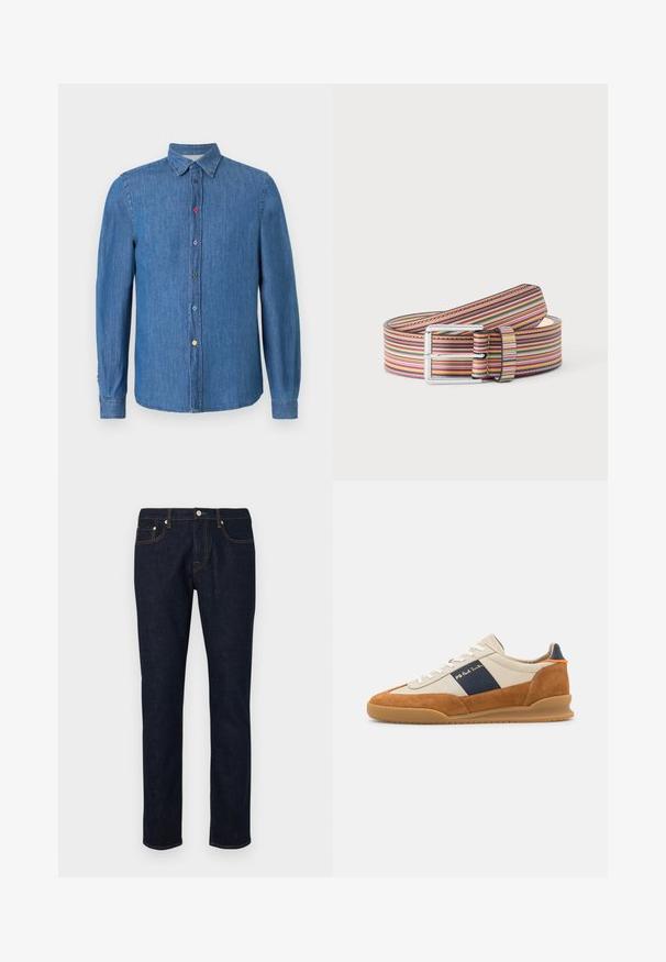 Chemise en denim bleu marine avec un col classique, des manches longues et des boutons multicolores sur le devant. Texture lisse, ourlet droit.; Jean en denim foncé avec une coupe droite, présentant des coutures contrastantes, un style à cinq poches et une fermeture à bouton à la taille.; PS Paul Smith DOVER - Baskets basses - cognac/off-white; Ceinture en cuir enroulée avec un motif rayé horizontal coloré et une boucle rectangulaire argentée sur un fond uni.