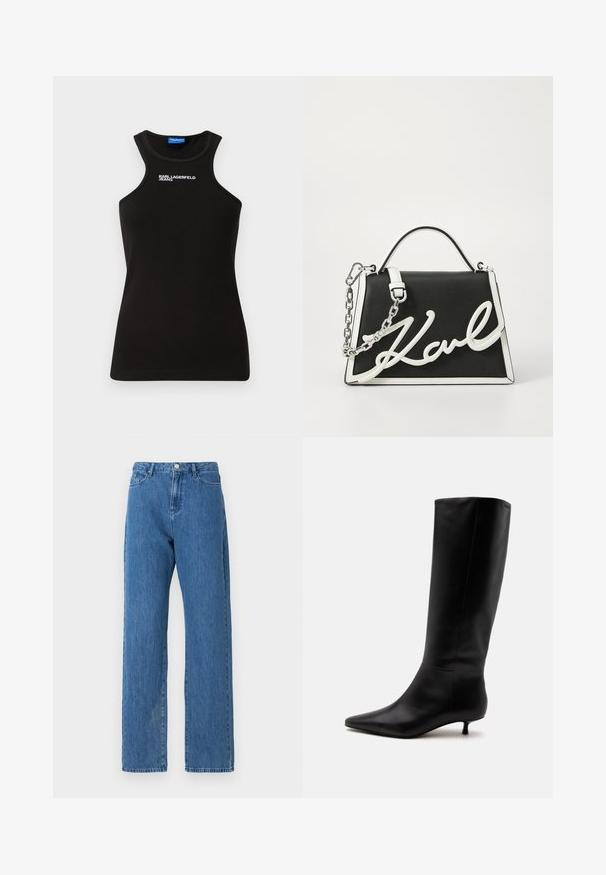 Sort ribbet tanktop med høj hals og hvidt "Karl Lagerfeld Jeans" logo centreret nær kraven.; Lyseblå denimjeans med høj talje, brede ben og et klassisk fem-lomme design. Stoffet har en subtil tekstur.; Sort læder knæhøj støvle med spids snude og lav kittenhæl mod en ensfarvet lys baggrund.; Sort læderhåndtaske med hvide accenter. Har kædstrap, struktureret form og fremtrædende hvidt logo detaljer. Glat tekstur.