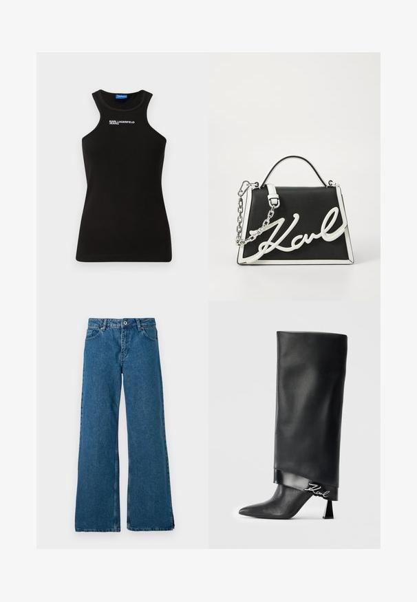 Čierny rebrovaný top na ramienka s vysokým výstrihom a bielym logom "Karl Lagerfeld Jeans" umiestneným v strede pri golieri.; Široké modré denimové džínsy s klasickým dizajnom piatich vreciek, s predným zapínaním na gombík a zips a jemne vyblednutou textúrou.; Čierne kožené čižmy po členky s špicatou špičkou, geometrickým blokovým podpätkom a lesklým lemovaním, ktoré obsahuje detail so strieborným logom "Karl".; Čierna kožená kabelka s bielymi akcentmi. Obsahuje reťazový popruh, štruktúrovaný tvar a výrazný biely detail loga. Hladká textúra.