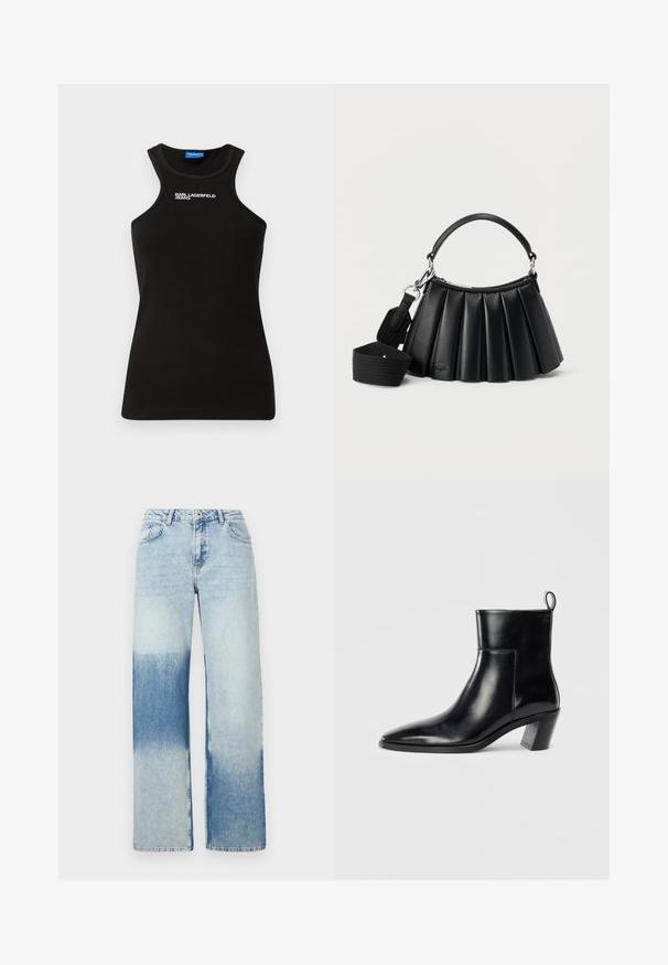 Čierny rebrovaný top na ramienka s vysokým výstrihom a bielym logom "Karl Lagerfeld Jeans" umiestneným v strede pri golieri.; Svetlomodré rifľové nohavice s širokým strihom, ktoré majú prechodovú farbu od svetlomodrej po tmavomodrú, päť vreciek a zapínanie na gombík.; Čierna kožená členková čižma s špicatou špičkou, geometricky tvarovaným podpätkom a pútkom na zadnej strane. Hladká textura a elegantný dizajn.; Čierna plisovaná kožená kabelka s krátkou rúčkou a odnímateľným širokým látkovým ramenným popruhom na bielom pozadí.