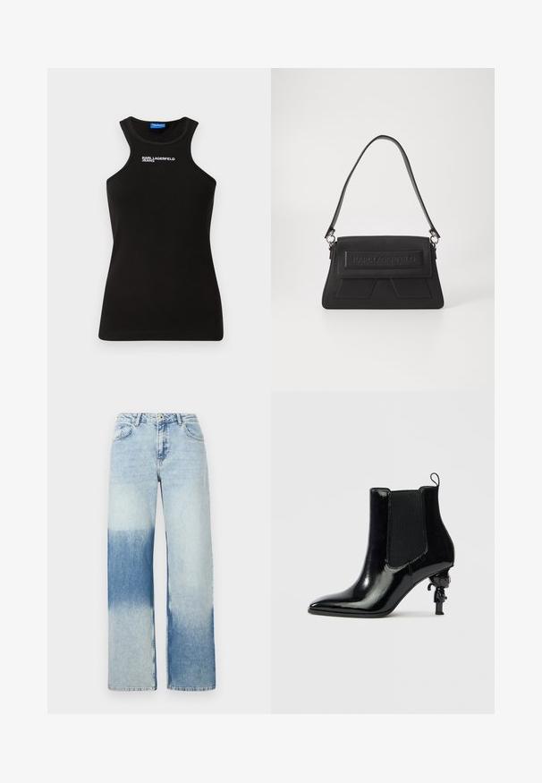 Must triibuline top kõrge kaelusega ja valge "Karl Lagerfeld Jeans" logo kaela lähedal keskel.; Heledad sinine teksade disain, millel on lai jalg, millel on värvide gradient heledast tumedani siniseks, viis_taskut ja nupuga kinniti.; Mustast lakknahast pahkluu saabas elastsete külgpaneelidega, terava varba ja ainulaadse skulptuurse kontsaga, millel on väike figuur.; Mustmustik käekott, millel on tekstuuriline pind, volditav kaan, millel on reljeefne logo, ja peen õlavarre rihm. Ruudukujuline kuju teravate aktsentidega.