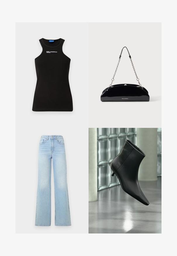 Schwarzes, geripptes Tanktop mit hohem Ausschnitt und weißem "Karl Lagerfeld Jeans"-Logo, das zentriert nahe dem Kragen angebracht ist.; Hellblaue High-Waist-Jeans mit weitem Bein-Design. Verfügt über fünf Taschen und einen Knopfverschluss, aus Denim mit leichtem Verblassen.; Schwarzer Leder-Stiefelette mit spitzer Zehenpartie und niedrigem Kitten-Heel, schräg dargestellt vor einem polierten Boden und einer Glasbausteinwand.; Schwarze glänzende Handtasche mit silberner Kette und kleinem KARL LAGERFELD Logo vorne, vor einem einfarbigen hellen Hintergrund.