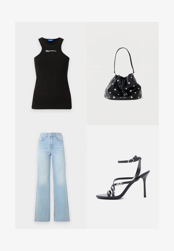 Must triibuline top kõrge kaelusega ja valge "Karl Lagerfeld Jeans" logo kaela lähedal keskel.; Heledad sinine kõrge vöökohaga teksad, laia säärega disainiga. Omab viit taskut ja nööbilukuga, valmistatud veidi fäärdunud denimist.; Mustad kõrge kontsaga sandaal õhukeste rihmadega, pahkluu pannal ja metallist logoga detailiga küljerihmal, valge tausta ees.; Mustast nahast käekott, millel on voltidega ülaosa, hõbedased naelad, sõlmega pael ja üks õlarihm valgel taustal.