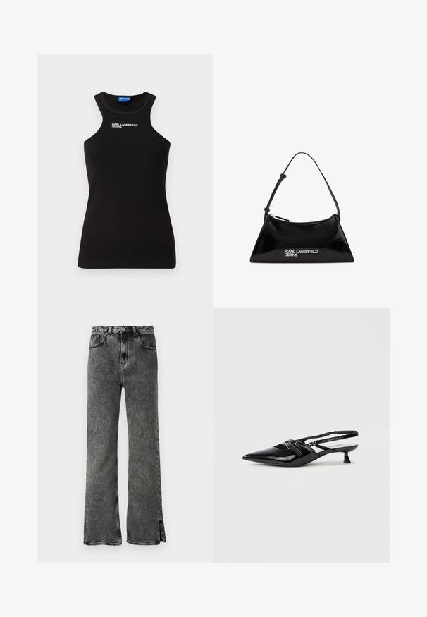 Camiseta negra de canalé con cuello alto y logo blanco "Karl Lagerfeld Jeans" centrado cerca del cuello.; Vaqueros negros acampanados con un lavado desvaído, talle alto y aberturas laterales en el bajo. Hechos de mezclilla con una textura suave y un diseño clásico de cinco bolsillos.; Zapato slingback de charol negro con puntera puntiaguda, tacón pequeño de bloque y correa ajustable con detalles recortados y acentos de logotipo.; Bolso de mano de charol negro con forma triangular, con cremallera superior y correa ajustable. Logo "KARL LAGERFELD JEANS" en plateado.
