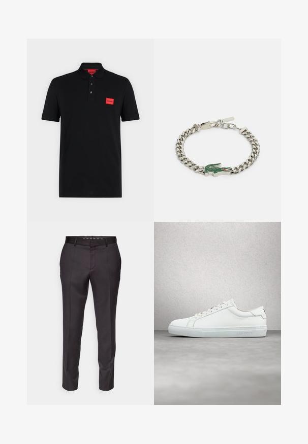 Sort poloshirt med korte ærmer, tre-knaps slids og rødt rektangulært Hugo-logo på venstre bryst og indersiden af kraven.; Skræddersyede sorte bukser med en glat tekstur, struktureret design og frontfolder. Har lige ben og en tætsiddende talje.; Hvide lædersneakers med en glat finish, rund tå, flade snørebånd og et minimalistisk design. Lys grå gummisål med branding på siden.; Sølv metal kædearmbånd med et grønt krokodille charme med røde accenter og en kæde lukning.