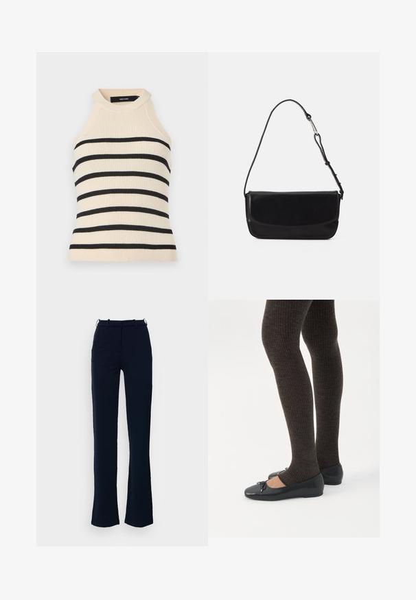 Ærmeløs top med ribstrik i creme med sorte horisontale striber. Design med høj hals. Blød tekstur, kropsnær silhuet og minimalistisk æstetik.; Marineblå bukser med lige ben design, lavet af et glat stof, med bæltestropper og lynlås foran.; Ben iført mørke ribbede leggings kombineret med sorte balletsko med små sløjfedetaljer på hvid baggrund.; Vagabond DEIA - Håndtasker - black
