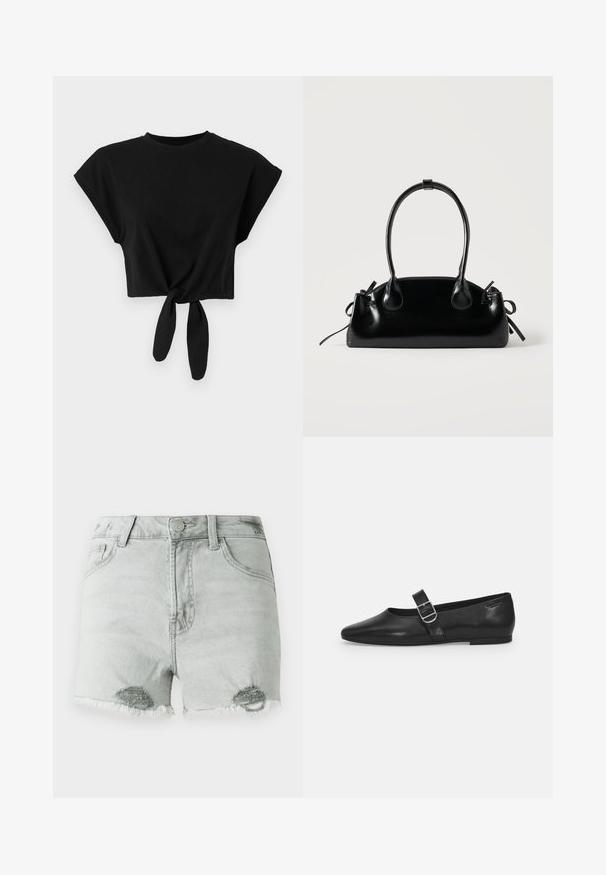 T-shirt noir court en coton doux, avec des manches courtes et un détail de nœud à l'ourlet. Texture simple et lisse.; Shorts en denim gris clair avec une taille haute, des détails déchirés et des ourlets effilochés, ainsi que deux poches avant. Le tissu semble doux et usé.; Chaussure plate en cuir noir avec un bout arrondi, une seule sangle réglable à boucle et une texture lisse et brillante. Design minimaliste avec un petit talon.; Petit sac à main noir brillant avec deux longues anses et des détails à cordon sur les côtés sur un fond clair uni.