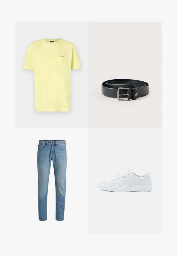 Lys gul bomulds t-shirt med klassisk crew neck, korte ærmer og et sort "BOSS" logo på venstre bryst. Glat tekstur.; Lyseblå denimjeans med lige ben, design med fem lommer og let falmning. Har knaplukning og bæltestropper.; Hvide lædersneakers med glat tekstur, rund tå og ton-i-ton syning. Har blå snørebånd og et gult logo på siden.; Sort læderbælte med en skinnende sølvfarvet metalspænde, glat tekstur og syninger langs kanterne. Har en løkke til at sikre bæltets ende.