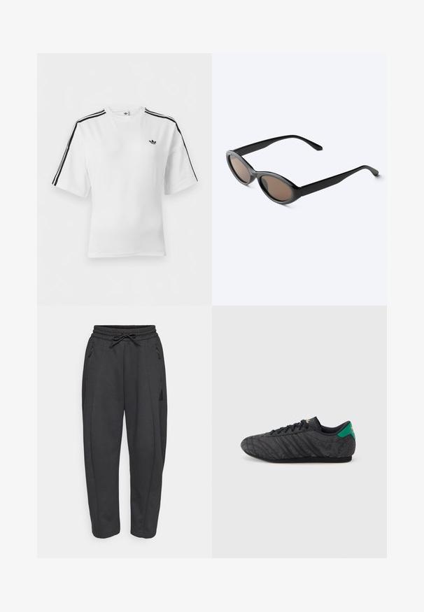 Hvid Adidas T-shirt med korte ærmer, sorte tre-stribe detaljer på skuldrene og Adidas trefoil-logoet på venstre bryst.; Sorte træningsbukser med elastisk talje, snor, sidelommer med lynlås og tapered ben. Fremstillet af et blødt, struktureret stof.; Sort lavprofil sneaker med subtilt blomsterprint, sorte snørebånd, grøn hælflap og guldlogo på tunge og hæl.; Sorte solbriller med oval ramme og mørke tonede linser, vist i en let vinkel på en hvid overflade.