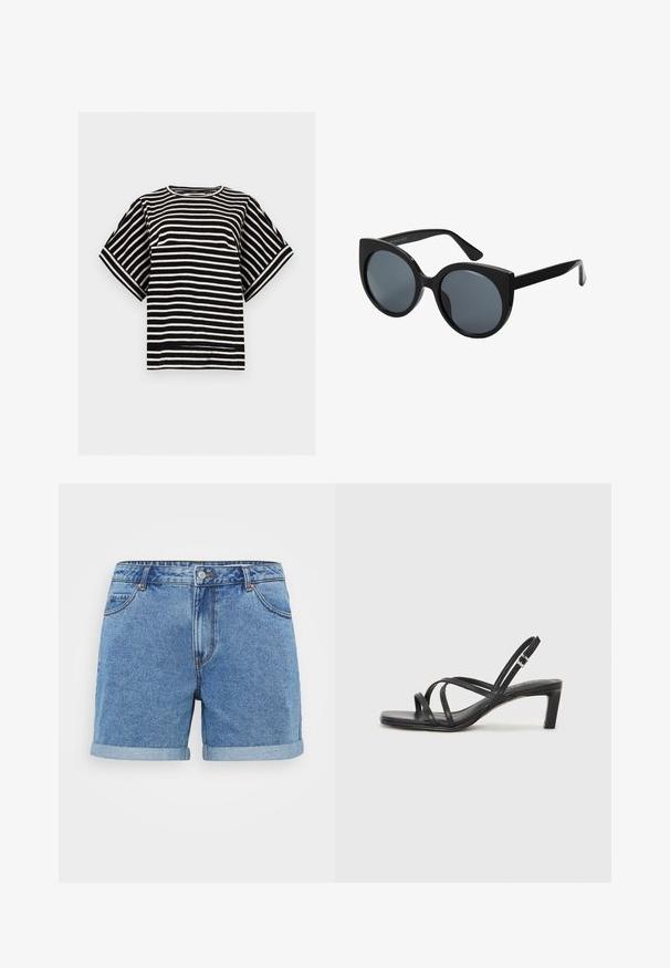 Sort-hvidt stribet kortærmet top med rund hals og løs pasform, vist på en ensfarvet lys grå baggrund.; Lysblå denimshorts med opfoldet kant, fem-lomme design, knaplukning og syede detaljer. Fremstillet af bomuldsstof.; Sort remsandale med firkantet tå og en lav blokeret hæl. Har flere tynde stropper og en justerbar ankelrem. Fremstillet af glat læder.; Storede sorte oversized solbriller med katteøjeform, mørkt tonede linser og glansfuldt plastisk stel. Har tykke stænger for støtte.