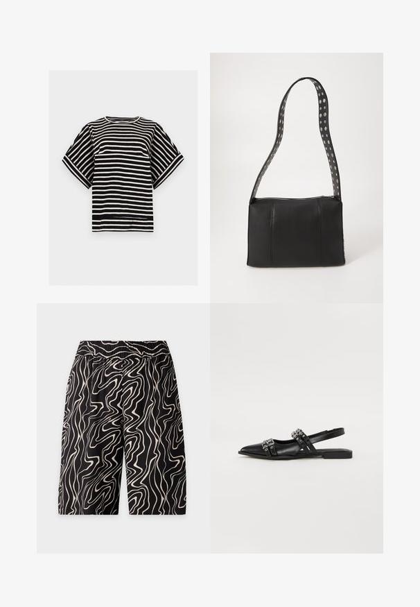 Haut à manches courtes rayé noir et blanc avec col rond et coupe décontractée, présenté sur un fond uni gris clair.; Short noir avec une taille élastique présentant un motif abstrait de lignes ondulées blanches couvrant tout le tissu.; Even&Odd Ballerines à brides arrière - black; Sac à main en cuir noir de forme rectangulaire, doté d'une fermeture éclair et d'une bandoulière à pois. Texture lisse, détails de couture minimaux.