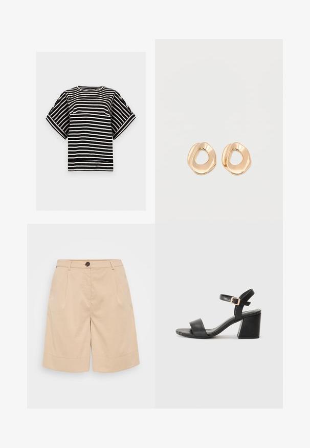 Schwarz-weiß gestreiftes Kurzarmoberteil mit Rundhalsausschnitt und lockerer Passform, dargestellt auf einem einfarbigen hellgrauen Hintergrund.; Beige Baumwollshorts mit maßgeschneidertem Design, ausgestattet mit einem Knopfverschluss, vorderen Falten und einem umgeschlagenen Saum für zusätzliche Details und Struktur.; Schwarze Leder-Heelsandalen mit einem breiten Riemen über den Zehen und einer Schnallenakzentuierung am Knöchelriemen. Massiver rechteckiger Absatz.; Paar unregelmäßig geformter, polierter Creolen aus goldfarbenem Metall mit offenem Zentrum auf weißem Hintergrund.