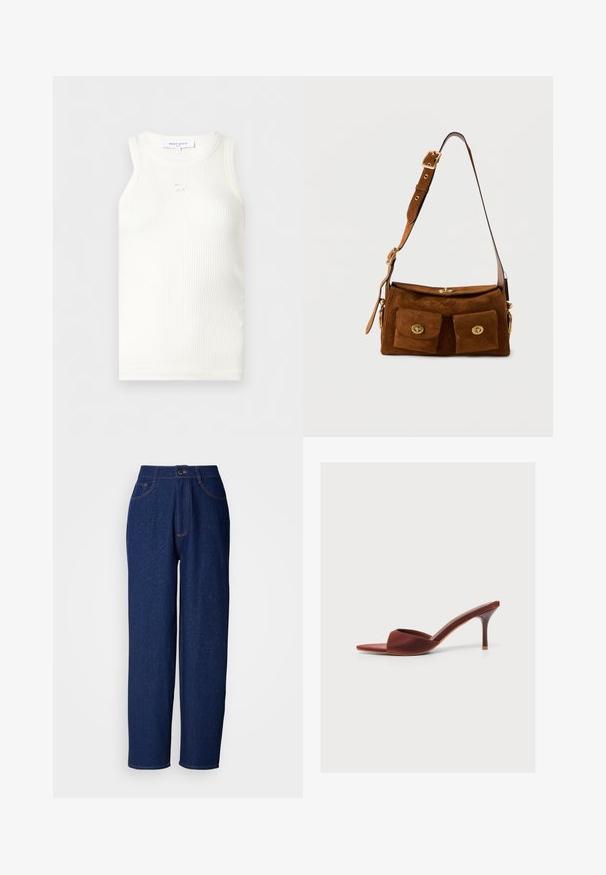 Witte geribbelde mouwloze top met een ronde halslijn en een klein geborduurd vosdetail onder de kraag, gelabeld Maison Kitsuné.; Donkerblauwe denim wijd uitlopende broek met een hoge taille, voorzien van oranje stiksels, voorkzakken en een knoopsluiting. Zorgt voor een gladde textuur met subtiele stippen.; Bruine mule met open teen en hoge naaldhak, voorzien van een enkele brede band aan de voorkant.; Bruine suède schoudertas met verstelbare band, twee voorvakken met klep en gouden draaivergrendelingen, en een bovenklep met bijpassende sluiting.