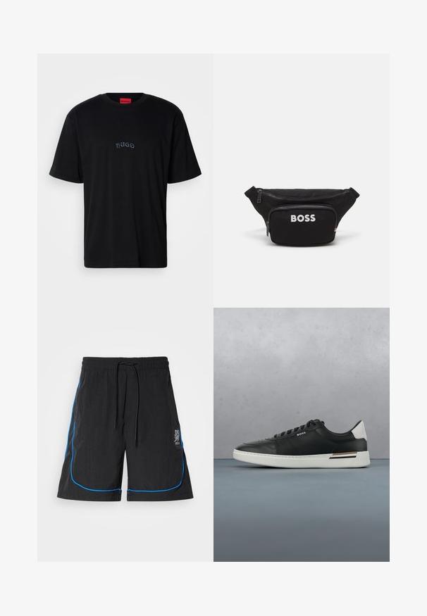Sort kortærmet T-shirt med "HUGO" broderet i små, stiliserede bogstaver på brystet og en rød etiket indeni kraven.; Sorte badebukser med snøre i taljen, featuring blå piping langs sømmene og et logo på venstre lår. Letvægtsstof.; Sort lædersneaker med hvid sål, har perforeringer, snørebåndsdesign, logo på siden og kontrasterende hældetalje i hvid og brun.; Sort stofet bæltetaske med en lynlåslomme foran, stort hovedrum og hvid "BOSS" logo på forsiden. Glat tekstur, struktureret form.