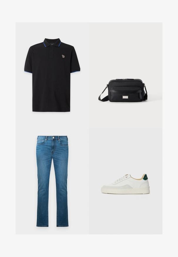 Polo noir à manches courtes avec bordure bleue sur le col et les manches, avec un petit logo zèbre multicolore sur la poitrine gauche.; Jean bleu droit avec cinq poches et fermeture par bouton, présenté sur un fond blanc.; Baskets blanches avec des accents en daim, bout arrondi, lacets plats et semelle en caoutchouc crème. Présente une marque verte sur le talon.; Sac bandoulière rectangulaire noir avec poche avant zippée, sangle réglable et plaque logo rectangulaire argentée sur fond uni.