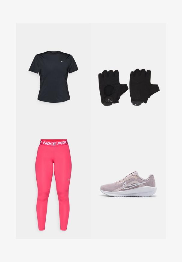 Camiseta atlética de manga corta negra, hecha de un tejido ligero y que controla la humedad. Cuenta con cuello redondo y un pequeño logo de Nike en blanco en el pecho.; Leggings Nike Pro en color rosa con una amplia cinturilla elástica que presenta el texto blanco "NIKE PRO" y un pequeño logo blanco en el muslo izquierdo.; Zapatilla deportiva de color rosa claro con una parte superior de malla transpirable, acentos blancos, un collar acolchado y una suela de goma texturizada para mayor agarre.; Guantes sin dedos negros con un diseño texturizado. Hechos de un material transpirable, cuentan con un orificio para el pulgar y una palma reforzada para mejorar el agarre.