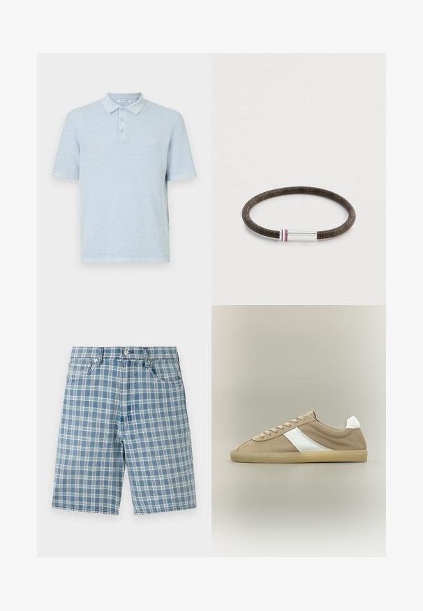Lys blå kortærmet polo-shirt lavet af tekstureret stof, med krave og tre forreste knapper i matchende farve.; Lys blå plaid shorts i en blanding af bomuldsstof, fem-lomme design, knaplukning og en afslappet pasform. Teksturen er glat og blød.; Lys brun ruskindssneaker med beige sål, hvid hælkappe, hvid sideliste og snørelukning på neutral baggrund.; Brun mønstret gummiarmbånd med en sølvmetalisk detalje med røde og blå striber. Rund form, glat tekstur.