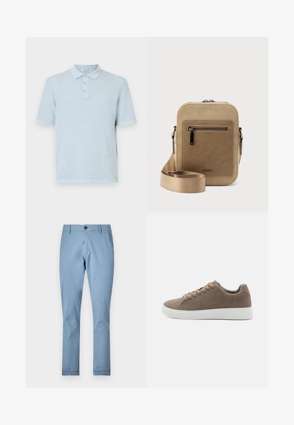 Polo shirt à manches courtes bleu clair en tissu texturé, avec un col et trois boutons sur le devant de la même couleur.; Pantalon bleu clair en tissu tissé, avec une fermeture à bouton et des poches standard, doté d'une coupe fuselée et de bas de pantalon revers.; Baskets en daim marron avec des semelles en caoutchouc blanc plat, design lacé, bout rond et texture lisse. Style minimaliste avec des détails de couture subtils.; Petit sac bandoulière beige avec poche avant zippée, logo métallique ALDO, sangle large ajustable et forme rectangulaire arrondie sur fond blanc.