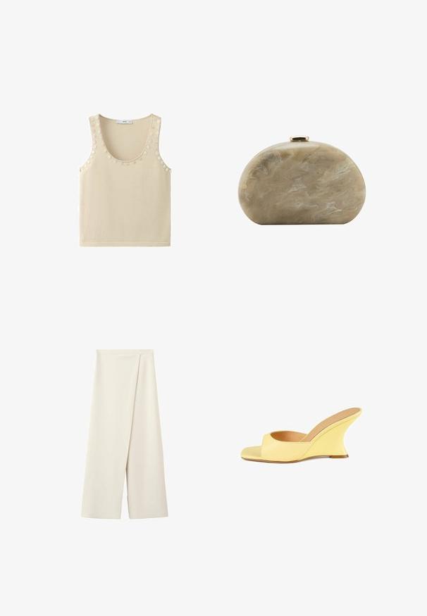 Haut en maille sans manches couleur crème avec encolure dégagée et petits boutons ronds décoratifs le long des épaules et des bords de l'encolure.; Pantalon large couleur crème avec une taille haute et un détail de panneau avant superposé.; Sandal en wedge jaune avec un design à bout ouvert, partie supérieure en cuir lisse, talon wedge courbé et une semelle intérieure texturée.; Petit sac pochette rigide beige marbré avec une forme arrondie et une fermeture à clip dorée sur le dessus.