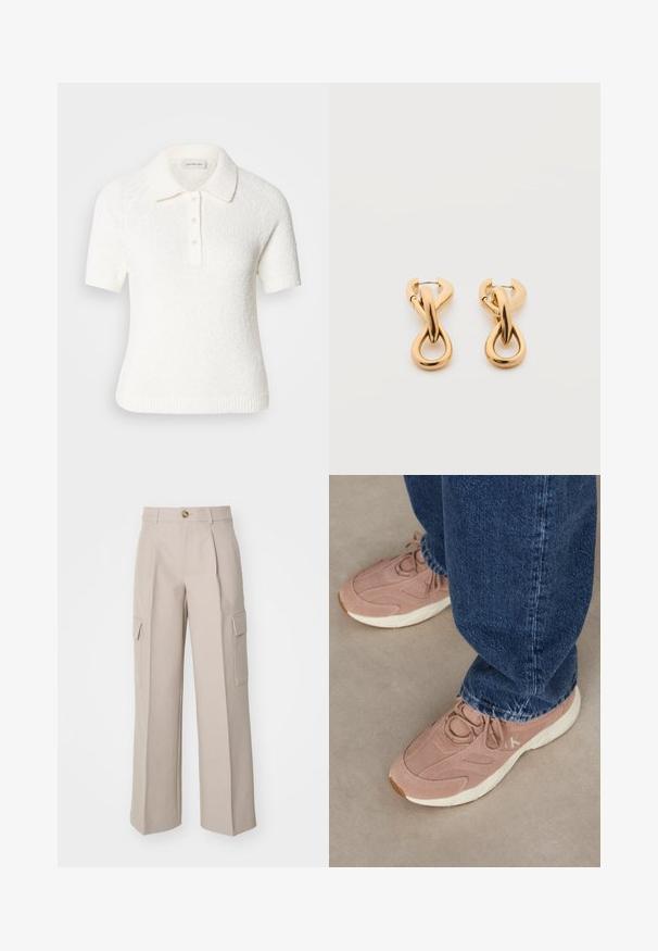 Kurzärmliges, kragenloses Poloshirt aus strukturiertem, cremefarbigen Stoff. Mit einer Knopfleiste mit drei Knöpfen und einem gerippten Saum. Weiches, lässiges Design.; Beige weite Stoffhosen mit vorderen Falten und zwei seitlichen Cargo-Taschen. Mit einem vorderen Knopfverschluss.; Helle pinke Sportschuhe mit einem strukturierten Wildleder-Obermaterial, ausgestattet mit einer weißen Laufsohle und dezentem Branding, kombiniert mit dunkelblauen Denim-Jeans.; Paar glänzende goldfarbene Creolen mit verschlungenem, verdrehtem Design auf schlichten weißem Hintergrund.