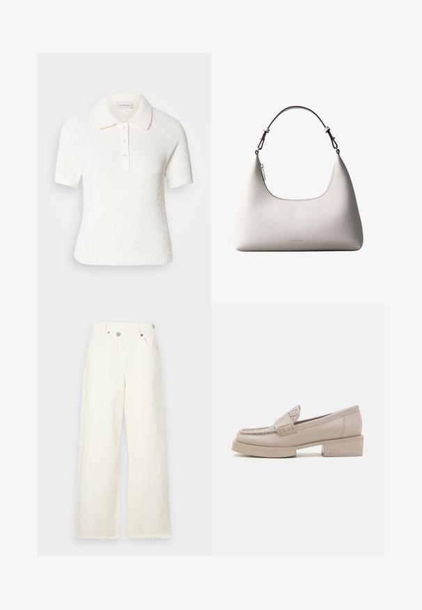 Kortærmet polo skjorte med krave i struktureret off-white stof. Har en række med tre knapper og en ribbet kant. Blød, afslappet design.; Bredde ben, krämfarvede jeans lavet af denim, med høj talje, fem lommer og en rå kant for en afslappet pasform.; Beige læder loafers med blokhæle, der har dekorativ syning og nitter på vamps, og som tilbyder en glat tekstur og klassisk design.; Cremefarvet skuldertaske i læder fra Calvin Klein med buet topkant, sølvfarvet lynlås og mørkebrun justerbar rem.