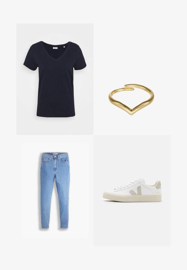 Navyblaues V-Ausschnitt-T-Shirt aus weichem Baumwollmaterial. Kurze Ärmel, lockere Passform, glatte Textur und minimalistische Nähdetails.; Hellblaue, hoch-taillierte, schmale Jeans mit vorderen und hinteren Taschen, Knopfverschluss und Gürtelschlaufen auf weißem Hintergrund.; Weiße Sneaker aus Leder mit grauen V-Logo-Akzenten, strukturiertem Gummiabsatz, weißen Schnürsenkeln sowie gepolstertem Zungen- und Knöchelbereich.; Goldring mit herzförmigem Design, das eine glatte Textur und eine geteilte Öffnung für eine verstellbare Passform aufweist. Einfacher und geometrischer Stil.
