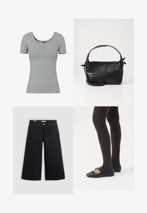 Grå ribbet kortærmet top med en rund Halsudskæring og fire små knapper ned foran midt på.; Sorte brede denimbukser har en snor i livet, bæltestropper, kobberdetaljer og en ren finish. Stoffet er robust og struktureret.; Ben iført mørke ribbede leggings kombineret med sorte balletsko med små sløjfedetaljer på hvid baggrund.; Sort læderhåndtaske med et struktureret design, rund tophåndtag og aftagelig skulderrem. Den har en glat tekstur og en subtil glans.