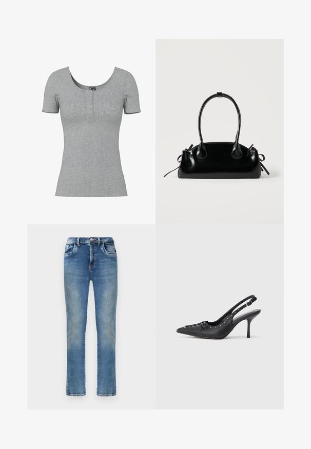 Haut gris côtelé à manches courtes avec un col rond en U et quatre petits boutons en ligne au centre devant.; Jean en denim bleu à coupe droite avec une décoloration usée, bouton avant, braguette zippée, passants pour ceinture et design classique à cinq poches.; Escarpin en cuir noir à talon aiguille avec un bout pointu, une bride latérale à boucle, des clous le long du bord et un laçage décoratif à l'avant.; Petit sac à main noir brillant avec deux longues anses et des détails à cordon sur les côtés sur un fond clair uni.