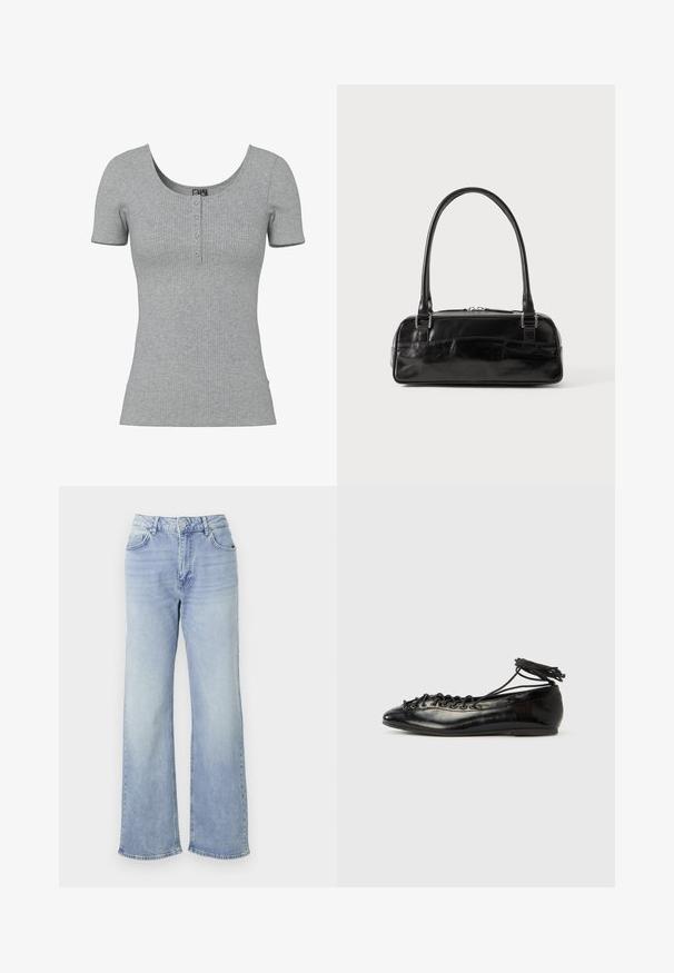 Grau geripptes Kurzarmshirt mit Rundhalsausschnitt und vier kleinen Knöpfen in der Mitte vorne.; Helle blaue Wide-Leg-Jeans aus Denim, mit hohem Bund, fünf Taschen und einem Saum mit dezenten Fransen.; Schwarze Ballerinas aus Lackleder mit runder Spitze, Schnürdesign und flacher Sohle. Glatte Textur mit minimaler Verzierung.; Schwarze Lederhandtasche in rechteckiger Form, mit einem stabilen Griff, silbernem Zubehör und Reißverschluss. Glatte Textur.