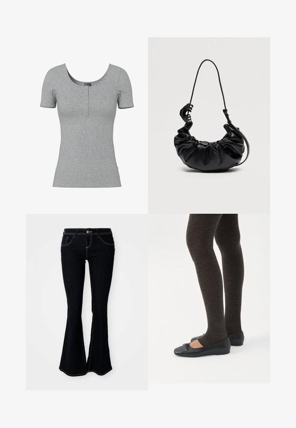 Top gris de manga corta con costillas, escote en forma de U y cuatro pequeños botones en el centro delantero.; Jeans acampanados de lavado oscuro con una cintura alta, bolsillos delanteros y traseros, y costuras en amarillo contrastante.; Piernas con leggings oscuros acanalados combinados con bailarinas negras que presentan pequeños detalles de lazo sobre un fondo blanco.; Bolso de mano negro de cuero fruncido con correa ajustable para el hombro y gran clip para el cabello negro sujeto a la correa sobre fondo liso.