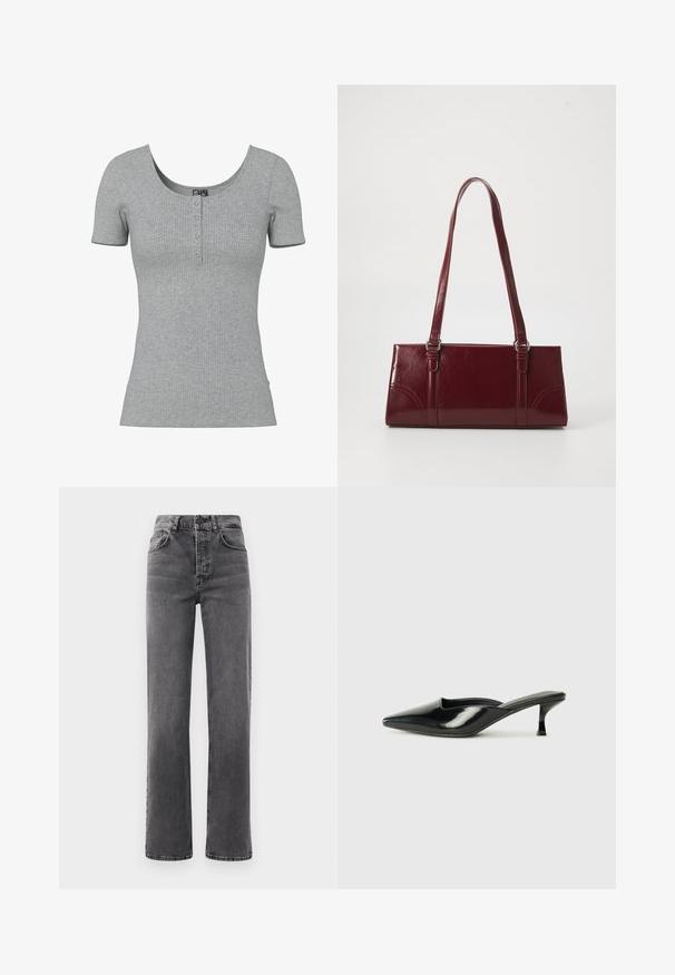 Haut gris côtelé à manches courtes avec un col rond en U et quatre petits boutons en ligne au centre devant.; Jean taille haute, coupe droite en denim gris foncé, avec des passants de ceinture, cinq poches et des détails de décoloration subtils sur le tissu.; Mules en cuir verni noir avec un bout pointu, un petit talon et des côtés courbés, présentant une finition brillante et un design minimaliste.; Sac à main bordeaux en matériau brillant, de forme rectangulaire, avec deux anses et des accents légèrement courbés à l'avant.