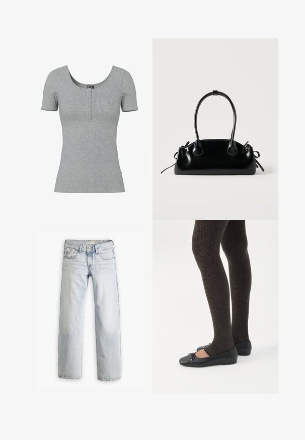 Grå ribbet kortærmet top med en rund Halsudskæring og fire små knapper ned foran midt på.; Lyseblå denimjeans med en afslappet pasform, høj talje og fem-lomme design. Har syning detaljer og knaplukning.; Ben iført mørke ribbede leggings kombineret med sorte balletsko med små sløjfedetaljer på hvid baggrund.; Lille sort blank håndtaske med to lange håndtag og snøre-detaljer i siden på en ensfarvet lys baggrund.