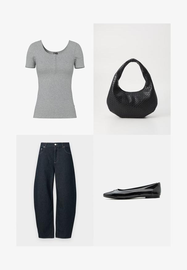 Grijs geribd kort mouw shirt met een ronde halslijn en vier kleine knopen middenvoor.; CLOSED JAZZIE - Relaxed fit jeans - dark blue; Zwarte glanzende lakleren platte schoen met een afgeronde neus en lage hak, zijaanzicht tegen een witte achtergrond.; Zwarte geweven handtas met een gebogen handvat, met een gestructureerd oppervlak en een slouchy vorm. Gladde afwerking met een organische silhouette.