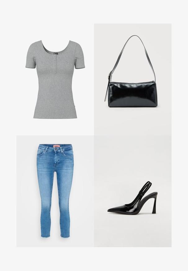 Grau geripptes Kurzarmshirt mit Rundhalsausschnitt und vier kleinen Knöpfen in der Mitte vorne.; Hellblaue enganliegende Jeans aus Denim mit mittelhohem Bund, Fünf-Taschen-Design und rohem Saum an den Knöcheln. Markenlabel an der Taille sichtbar.; Schwarze Lackleder Slingback-Pumps mit spitzem Zehenbereich, schlankem hohen Absatz und doppeltem elastischen Riemen für einen sicheren Sitz. Glatte, glänzende Oberfläche.; Schwarze rechteckige Schultertasche mit einem verstellbaren Riemen und einem oberen Reißverschluss vor einfachem Hintergrund.