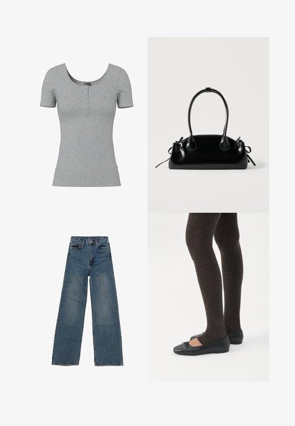 Grijs geribd kort mouw shirt met een ronde halslijn en vier kleine knopen middenvoor.; Blauwe denim wijd uitgesneden jeans met een hoge taille, vijf zakken en contrasterende stiksels. Vervagingen en lichte slijtage zichtbaar op de stof.; Benen met donkere geribbelde leggings gecombineerd met zwarte ballerina's met kleine strikdetails op een witte achtergrond.; Kleine zwarte glanzende handtas met twee lange hengsels en zijkant trekkoord details op een effen lichte achtergrond.