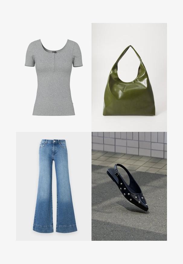 Grijs geribd kort mouw shirt met een ronde halslijn en vier kleine knopen middenvoor.; Lichtblauwe denim flared jeans met een hoge taille, wijd uitlopende benen en een lichte vervaging. Heeft een klassiek vijf-pocket ontwerp en een metalen knoopsluiting.; Zwarte puntige slingback schoen met zilveren studs, zwevend boven asfalt bij een achtergrond van betegelde muur.; Groene leren hobotas met een slordig ontwerp, gebogen handvat en een gladde textuur. Bevat geen zichtbare hardware of accenten.