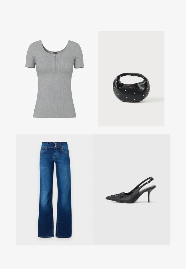 Top gris de manga corta con costillas, escote en forma de U y cuatro pequeños botones en el centro delantero.; Jeans de pernera ancha en denim azul, con dos botones frontales, costuras naranjas y una textura suave. Diseño clásico de cinco bolsillos.; Sandal de tacón stiletto negro de cuero con punta afilada, correa lateral con hebilla, tachuelas a lo largo del borde y cordones decorativos en la parte delantera.; Bolso de mano de cuero negro con forma redondeada, decorado con detalles de tachuelas plateadas y un asa corta. Textura lisa y cierre con cremallera.