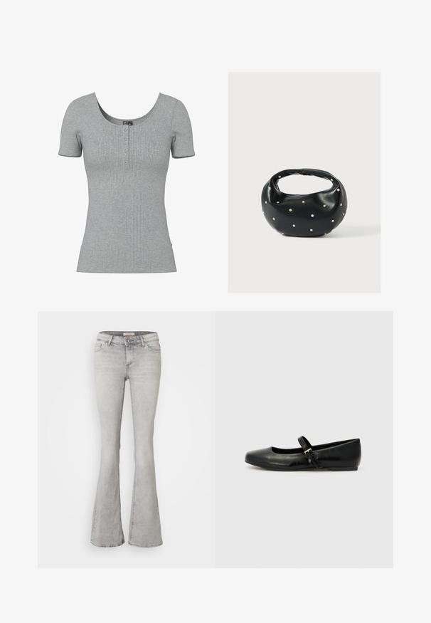 Haut gris côtelé à manches courtes avec un col rond en U et quatre petits boutons en ligne au centre devant.; Jeans en denim gris évasés avec une taille ajustée, un design à cinq poches et un léger délavage. Présentent une fermeture à bouton et un ourlet cousu.; Ballerines en cuir noir avec un bout arrondi, une semelle plate et une fine sangle ajustable sur le cou-de-pied avec une boucle en métal.; Sac à main en cuir noir de forme arrondie, décoré de clous argentés et équipé d'une poignée courte. Texture lisse et fermeture éclair.