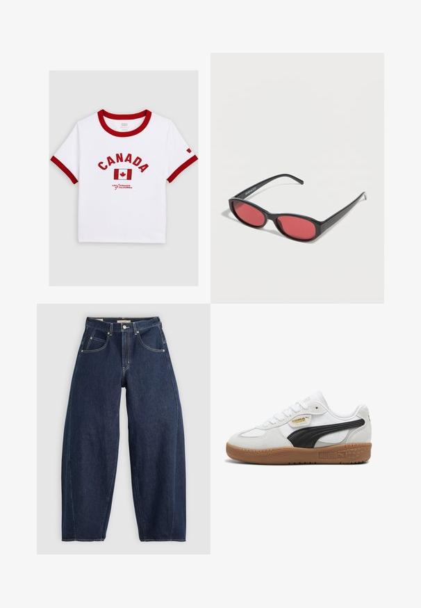 Hvid kortærmet skjorte med rød kant, "CANADA" tekst, canadisk flag og "Levi Strauss California" logo foran.; Mørkeblå denim jeans med løs pasform, lyse syninger, fem lommer og en knaplukning ved taljen.; Hvide lædersneakers med en sort ruskindsstribe, gummigummisål og guldbranding på siden. Snørebånddesign med en afrundet tå.; Sorte ovale solbriller med tynde arme og rødtonede linser, der ligger på en hvid overflade.