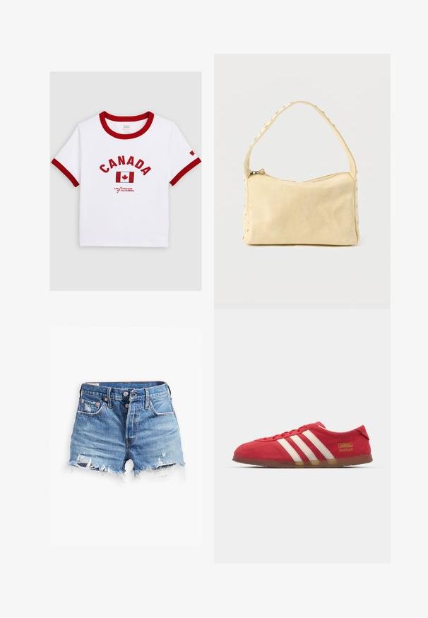 Valge lühikeste varrukatega särk punase äärisega, ees kiri "CANADA", Kanada lipp ja "Levi Strauss California" logo.; Heledad sinise teksaseelikud, millel on rebenditega alumised servad, kõrge vöökoht, nööpkinnitus ja kaks esikotti; kulumisefekt lisab tekstuuri.; Punane siidise nahast toss, millel on valge kolme riba disain, lame tall ja kuldne logo detail. Madala lõikega disain, ümar varvas ja paeltega sulgemine.; Väike beež nahast käekott ühe rihmaga ja hõbedaste naeltega piki äärte ja rihma, esitatud ühtse taustaga.