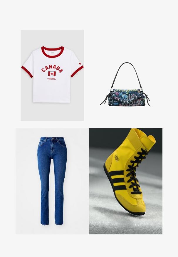 Camisa blanca de manga corta con ribete rojo, texto "CANADA", bandera canadiense y logo de "Levi Strauss California" en la parte delantera.; Jeans de mezclilla azul con un corte ajustado, cintura alta, piernas rectas y detalles cosidos. Cuenta con un cierre de botón y cremallera. Sin adornos adicionales.; Zapatillas altas hechas de material sintético amarillo, con cordones negros, tres rayas negras y logotipo en el lateral. Suela de goma texturizada.; Bolso de mano de lona multicolor con gráfico de gato y texto impreso, que presenta una forma curva, un asa superior y acentos decorativos de cordones.