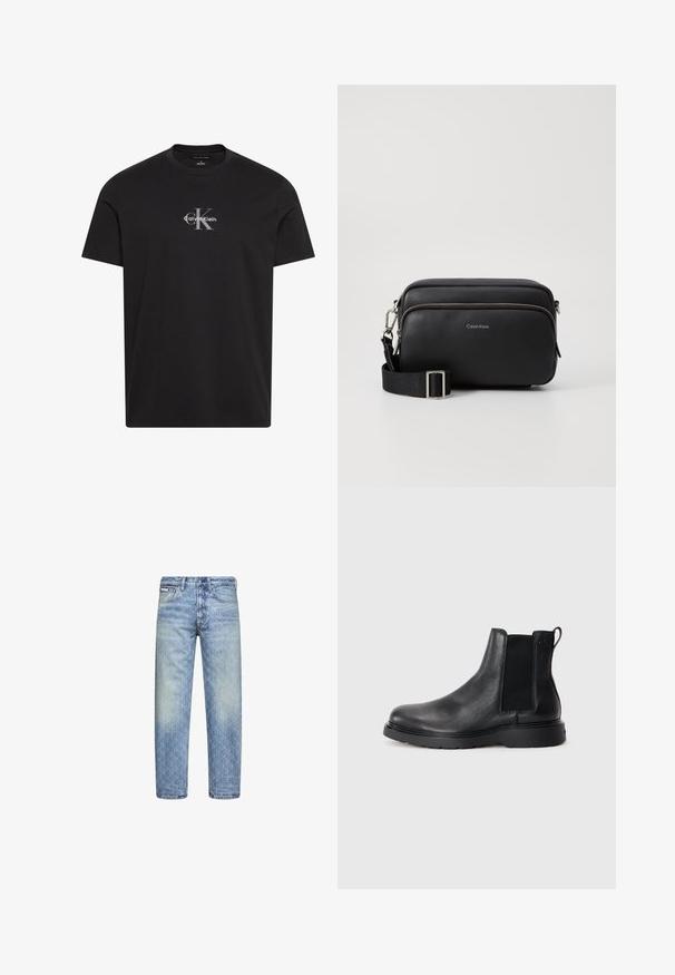 Čierne tričko s krátkym rukávom a okrúhlym výstrihom, so stredovým sivým logom "cK" a bielym textom "Calvin Klein" na hrudi.; Svetlomodré denimové rifle s jemným geometrickým monogramovým vzorom, klasickým dizajnom s piatimi vreckami a zapínaním na gombík v páse.; Čierne kožené chelsea čižmy s textúrovaným povrchom, elastickými bočnými panelmi a pevným gumovým podpätkom. Diskrétny branding na päte.; Čierna kožená crossbody taška s dvoma zipsovými oddeleniami, textúrovaný povrch, nastaviteľný popruh a strieborné kovové akcenty. Zobrazené logo Calvin Klein.