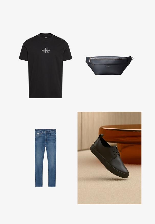 Čierne tričko s krátkym rukávom a okrúhlym výstrihom, so stredovým sivým logom "cK" a bielym textom "Calvin Klein" na hrudi.; Modré rifle slim fit, päť vreciek, zapínanie na gombíky a jemné blednutie na stehnách a kolenách.; Čierna kožená neformálna teniska so šnúrkami, vznášajúca sa nad béžovým kobercom, na pozadí s okrúhlym jantárovým skleneným stolíkom.; Čierna kožená ľadvinka Calvin Klein s dvoma vreckami na zips a nastaviteľným popruhom s kovovou prackou.