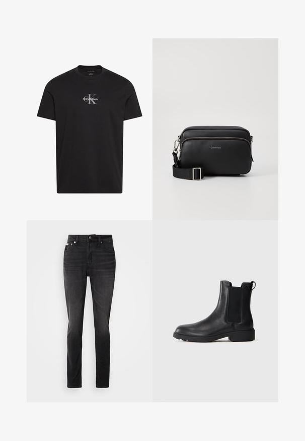 Zwart T-shirt met korte mouwen en ronde hals, met een gecentreerd grijs "cK" logo en witte "Calvin Klein" tekst op de borst.; Zwarte denim jeans met een slim fit, vijf zakken ontwerp en knoopsluiting. Kenmerkt zich door een subtiele vervaging en stikselaccenten op de zakken.; Zwarte leren enkelboot met elastische zijpanelen, trekhaak op de hiel en een lage blokzool tegen een effen achtergrond.; Zwarte leren schoudertas met twee ritscompartimenten, gestructureerd afwerking, verstelbare schouderband en zilveren hardware-accenten. Calvin Klein-logo zichtbaar.