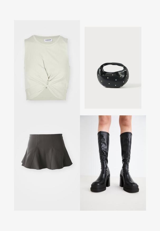 Noisy May NMTWIGGI - Débardeur - agate gray; Jupe noire évasée avec une taille ajustée, présentant des coutures verticales et une texture lisse. L'ourlet est légèrement incurvé et se situe au-dessus de mi-cuisse.; Bottes noires hautes en cuir lisse, avec une épaisse semelle plateforme et un talon carré, ornées de surpiqûres le long des bords.; Sac à main en cuir noir de forme arrondie, décoré de clous argentés et équipé d'une poignée courte. Texture lisse et fermeture éclair.