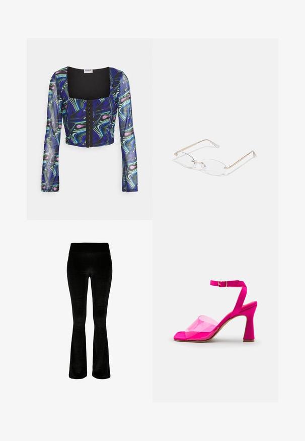 Noisy May NMLESLEY CORSET BELL - Camiseta estampada - deep blue; Pantalones acampanados negros en tejido suave de terciopelo. Cintura alta y textura lisa. El diseño presenta un corte acampanado desde la rodilla hacia abajo.; Sandalia de tacón rosa con una tira de plástico transparente, diseño de punta abierta y un tacón de bloque delgado, que cuenta con una correa de tobillo con hebilla.; Gafas de metal dorado con lentes ovalados, brazos delgados y almohadillas nasales transparentes. Presentan sutiles acentos en las bisagras y lentes transparentes.