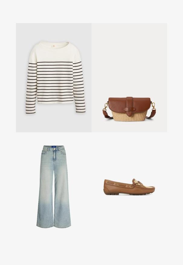 Camisa blanca de manga larga con rayas horizontales negras, que presenta un amplio escote redondo y una textura de tela suave. Longitud corta.; Jeans de pierna ancha hechos de denim azul claro, con una cintura alta, diseño de cinco bolsillos y un ligero desvanecimiento en la textura de la tela.; Zapatos náuticos de cuero marrón con detalles de paja entrelazada, herrajes dorados, suela de goma de perfil bajo y costuras clásicas de mocasín.; Bolso bandolera de cuero marrón y paja tejida con cierre de solapa y correa ajustable con cierres en tono dorado.