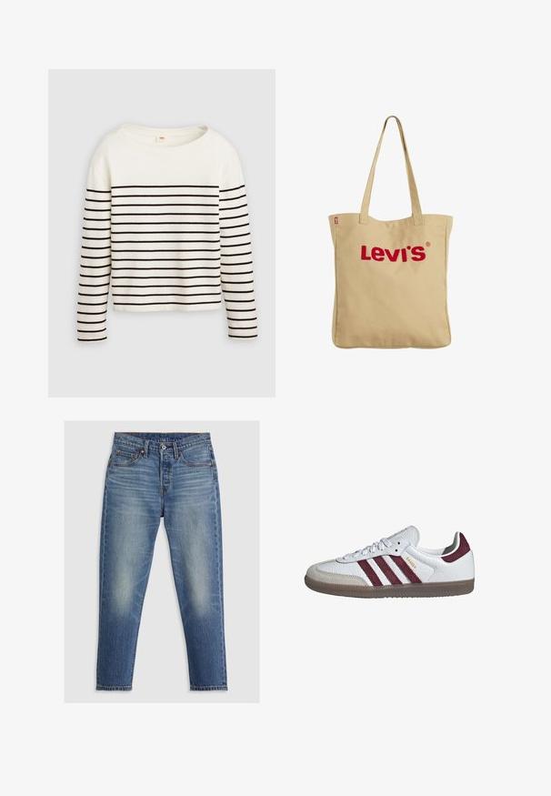 Weißes Langarmhemd mit schwarzen horizontalen Streifen, featuring einen weiten runden Halsausschnitt und einer weichen Stofftextur. Kurze Länge.; Hellblaue Denim-Jeans mit geradem Schnitt, fünf Taschen, Knopfverschluss und dezenten Ausbleichungen an den Oberschenkeln. Sichtbare Kontrastnähte.; Weißer niedriger Adidas Samba Sneaker mit kastanienbraunen Streifen, beiger Wildleder-Zehenkappe und Gummisohle.; Beige Leinwand-Einkaufstasche mit zwei Griffen und rotem "Levi's"-Logo in der Mitte vorne.