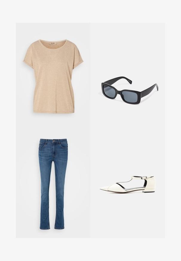 Beige, kortærmet t-shirt med rund halsudskæring. Blød tekstur med subtil glans. Etiket synlig ved halsen, minimalistisk design uden dekorationer.; Blå denim flared jeans med fem lommer, bæltestropper og en lynlås foran. Har en glat tekstur og let falmende.; Hvid flad sko med spids tå, T-rem og ankelspænde, lav hæl og udskårne sider, vist på en neutral baggrund.; Sorte rektangulære solbriller med mørkt tonede linser, tyk plastramme og brede stænger. Glat overflade og kantet design.